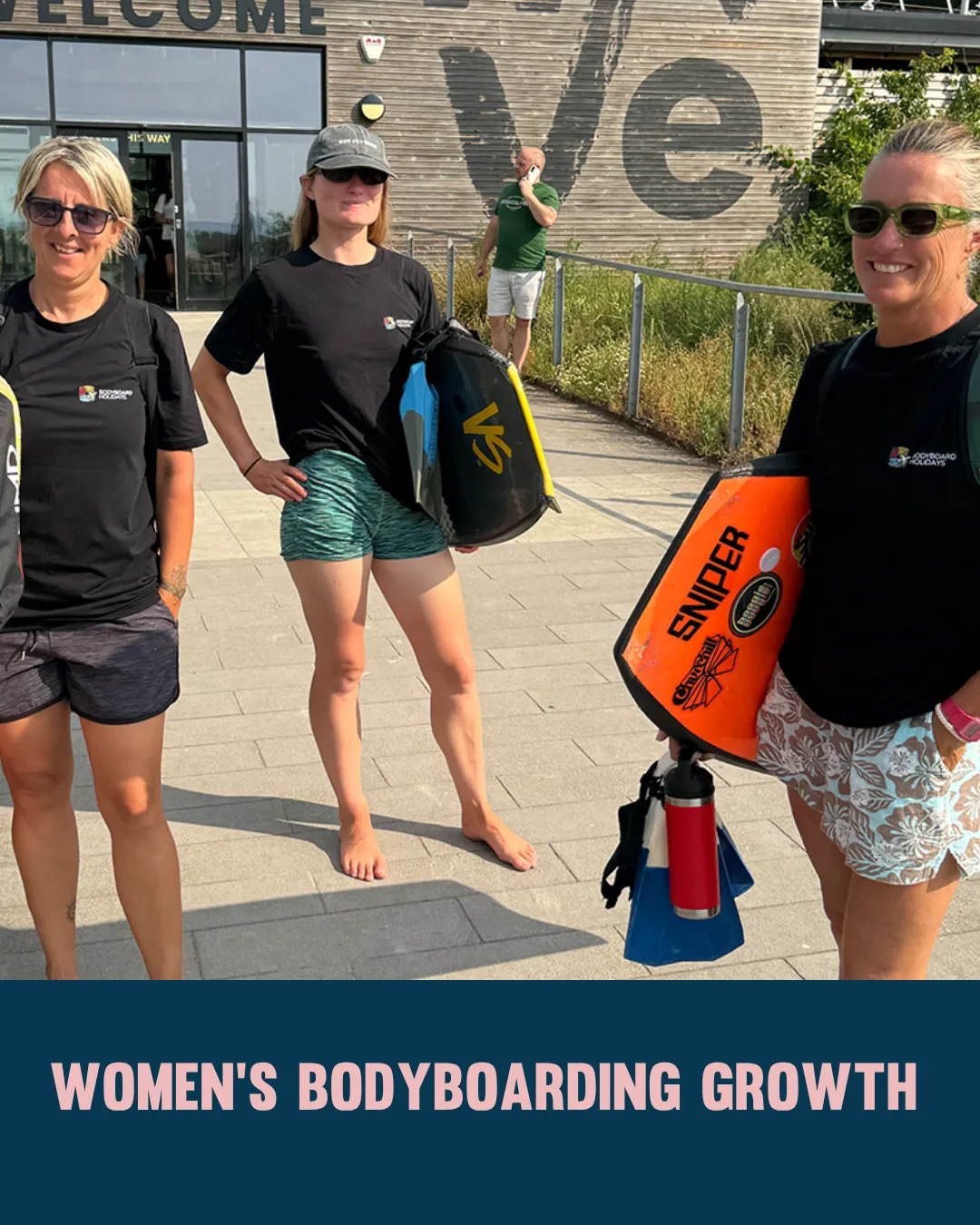 Women bodyboarders arriving at The Wave in Bristol