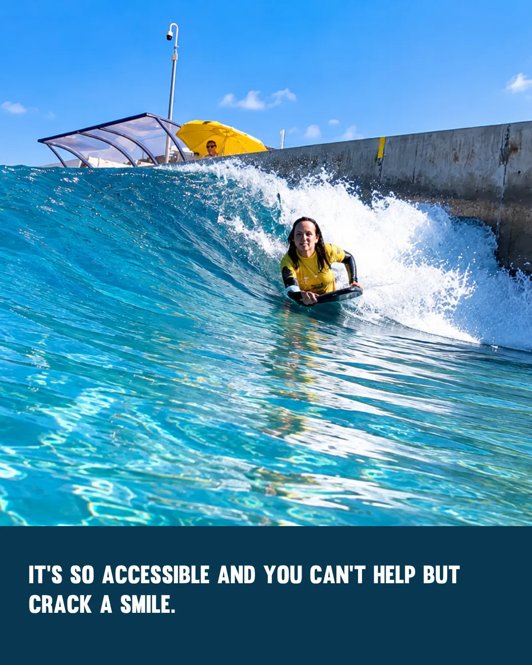 Female bodyboarder riding at a wave pool with an accessibility quote