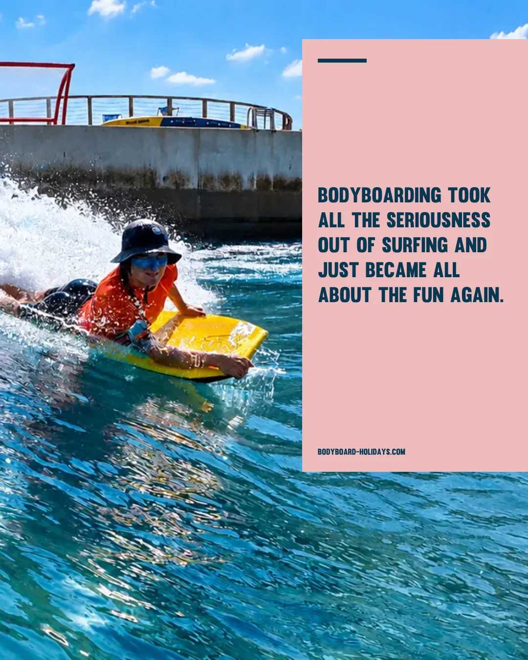Female bodyboarder riding at a wave pool with a quote about fun