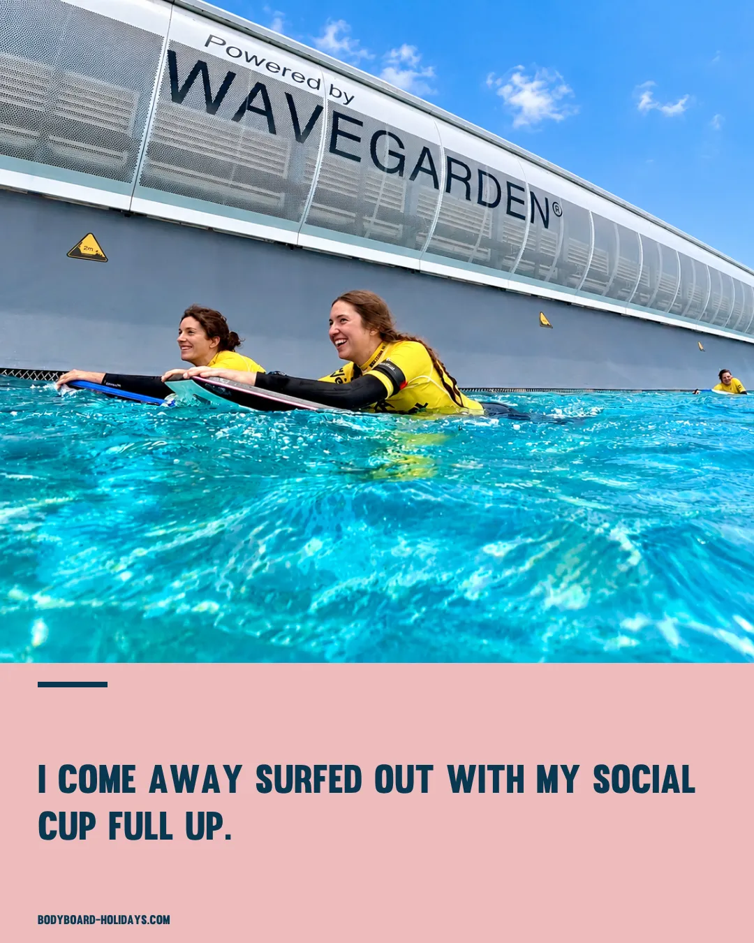 Women bodyboarding at The Wave with a quote about community