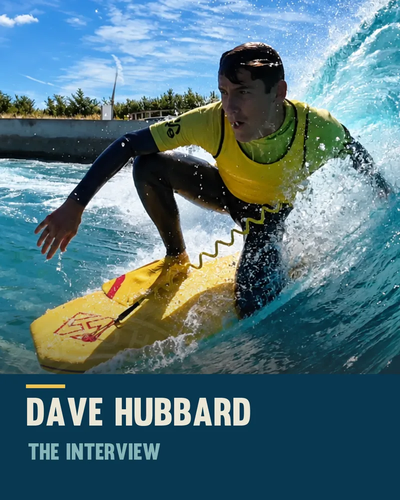 Dave Hubbard riding a wave at The Wave, Bristol, with the title card Dave Hubbard: The Interview