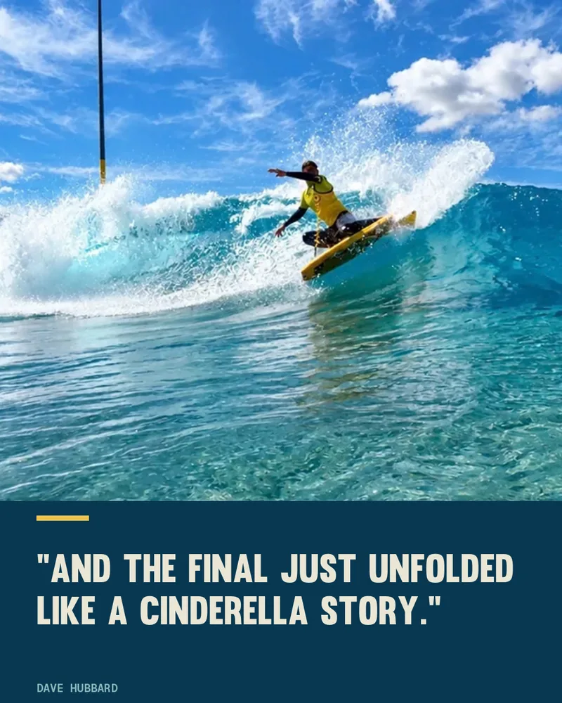 Dave Hubbard riding the open face of a wave at The Wave, Bristol, with the quote: And the final just unfolded like a Cinderella story