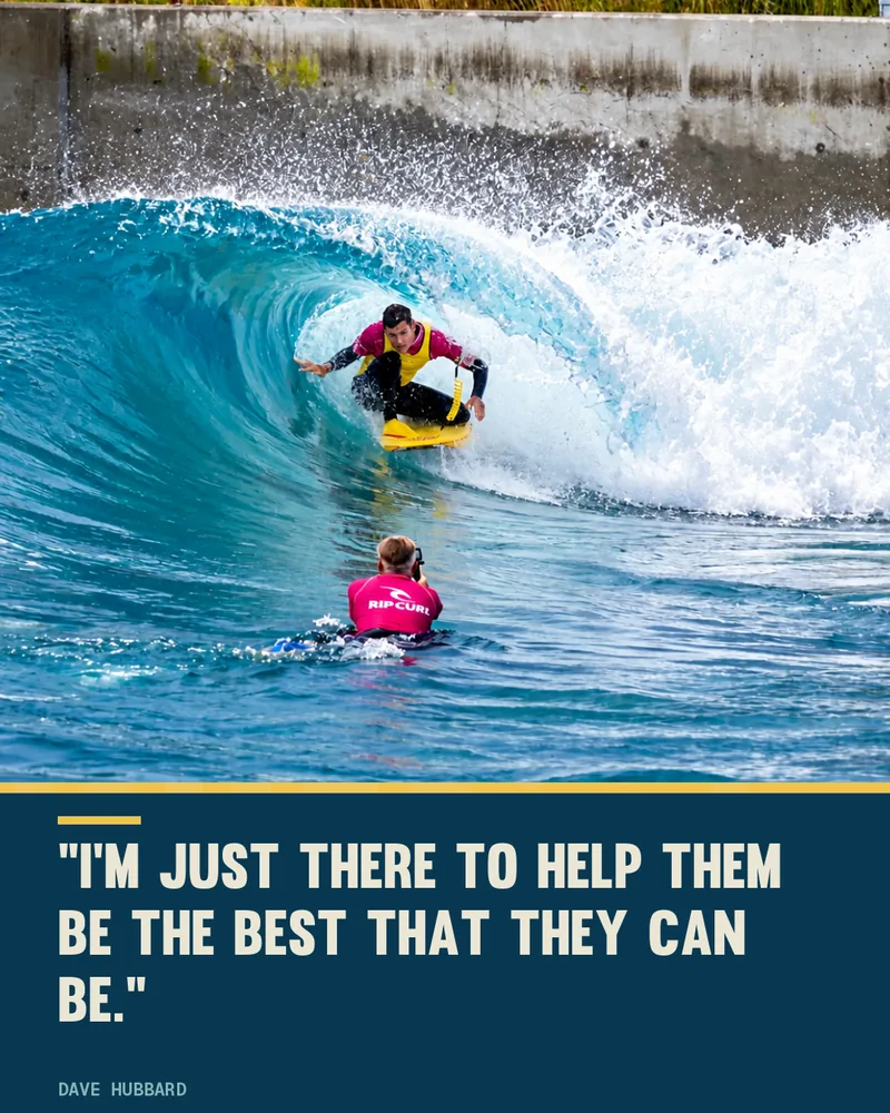 Dave Hubbard riding inside the barrel at The Wave, Bristol, with the quote: I am just there to help them be the best that they can be