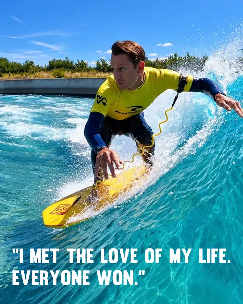 Dave Hubbard riding a wave on his bodyboard at The Wave, Bristol, with the quote: I met the love of my life. Everyone won