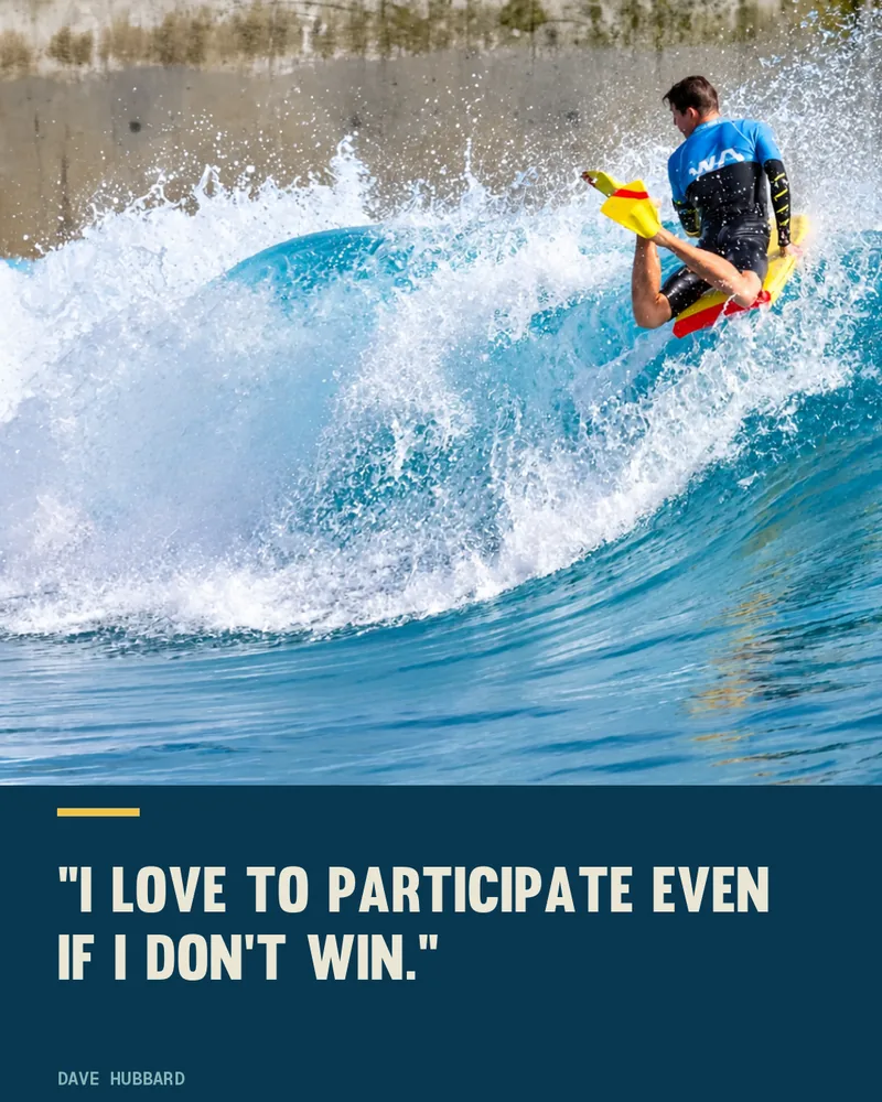 Dave Hubbard throwing spray off the top of a wave at The Wave, Bristol, with the quote: I love to participate even if I do not win