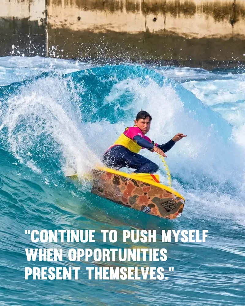Dave Hubbard carving across the face of a wave at The Wave, Bristol, with the quote: Continue to push myself when opportunities present themselves