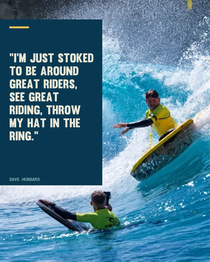 Dave Hubbard carving a bottom turn at The Wave, Bristol, with the quote: I am just stoked to be around great riders, see great riding, throw my hat in the ring